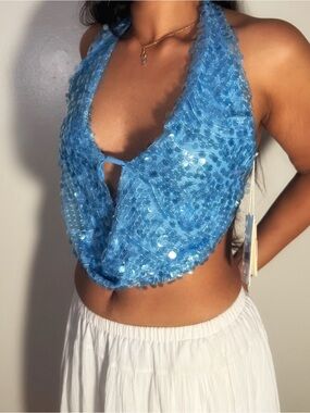 Peppermayo Light Blue Sequin Halter Cowl Crop Top
